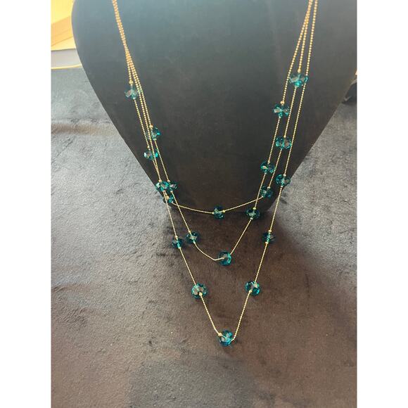 Blue Faceted Decorative Multi-Strand, Blue Bead and Silver Tone Chain Necklace - Picture 4 of 4